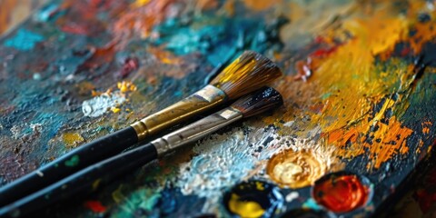 Fototapeta premium Paint brushes on a palette ready for creating artwork. Perfect for artists, painters, and creative projects