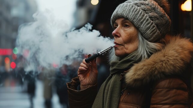 A woman is pictured smoking a cigarette on a city street. This image can be used to depict urban lifestyle or add a touch of rebellion to creative projects