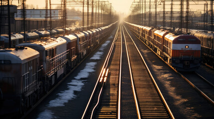 Obraz premium Sunset track railway station journey locomotive train rail travel railroad transportation