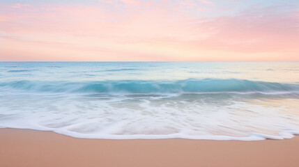 Fototapeta na wymiar A serene beach scene at sunrise with gentle waves lapping at the shore and a pastel-colored sky.