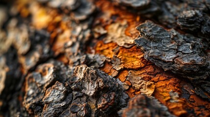 Detailed shot of rough, textured bark with intricate patterns and shades.