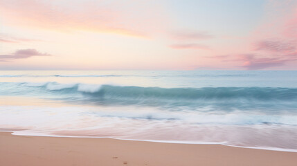 Fototapeta na wymiar A serene beach scene at sunrise with gentle waves lapping at the shore and a pastel-colored sky.