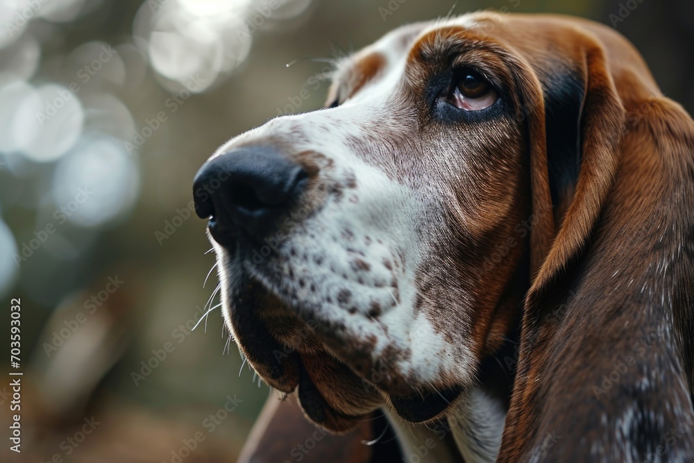 Poster a close-up view of a dog's face with tall trees in the background. this image can be used to capture