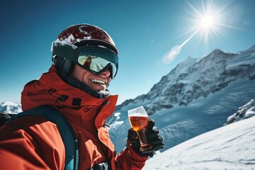 A lone adventurer braves the snowy mountain, his helmet and goggles shielding him from the harsh winter elements as he raises a glass of beer in celebration of his conquering of the glacial terrain