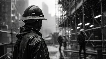 Raindrops glisten on hardhats and tools, while workers labor against the elements to build a towering skyscraper. - obrazy, fototapety, plakaty