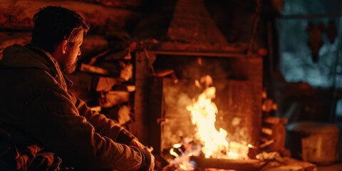 A man sitting in front of a cozy fire in a fireplace. Perfect for creating a warm and inviting atmosphere.