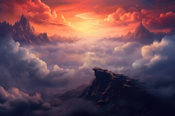 Nature's canvas comes alive as the evening sun sets behind misty mountains, casting a dreamy afterglow over the cloudy sky