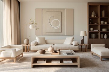 A cozy indoor oasis featuring a stylish living room with a chic couch, inviting coffee table, and a window overlooking the bustling cityscape
