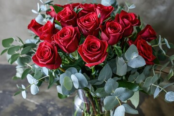 An exquisite bouquet of red garden roses and eucalyptus leaves, arranged with precision and passion in a stunning display of floral design