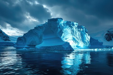 A majestic glacier slowly melts, revealing a breathtaking iceberg floating in the tranquil arctic ocean, surrounded by a sea of sparkling ice and snow-capped mountains under a peaceful sky