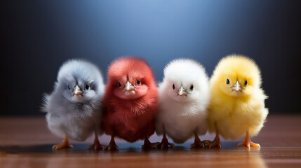Four colored baby chicks in a row, blue, red, white and yellow chick on wooden surface with a dark gradient background. Animal Diversity. Creative Easter celebrations, Easter greeting card