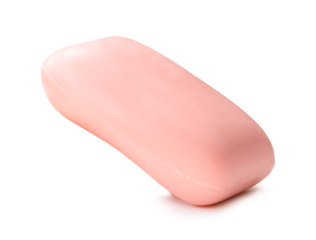 Front view of dry pink soap bar isolated on white background with clipping path and shadow in png file format