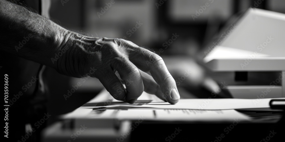 Poster a person is typing on a piece of paper. this image can be used to depict writing, note-taking, or wo