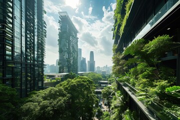 Amidst a bustling metropolis, a towering skyscraper blends nature and city life, its verdant walls reaching for the sky as streets bustle below