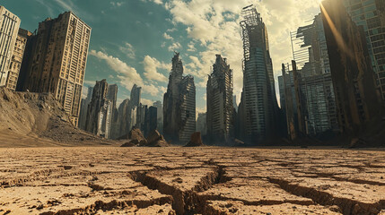 Desolate post-apocalyptic city with a mix of buildings and skyscrapers in various states of destruction surrounded by a barren and arid environment. - obrazy, fototapety, plakaty