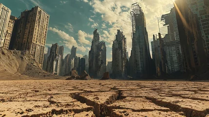 Fotobehang Desolate post-apocalyptic city with a mix of buildings and skyscrapers in various states of destruction surrounded by a barren and arid environment. © unicusx