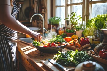 A woman dressed in casual clothing prepares a wholesome and nutritious meal in her kitchen using fresh produce from her indoor garden, showcasing her commitment to a vegan diet and whole foods while 