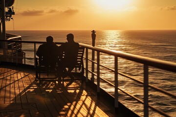 Fototapeta na wymiar As the sun rises over the vast ocean, two individuals sit on a deck gazing at the horizon, the water shimmering beneath the vibrant sky as a ship sails by, the gentle breeze carrying the scent of sal
