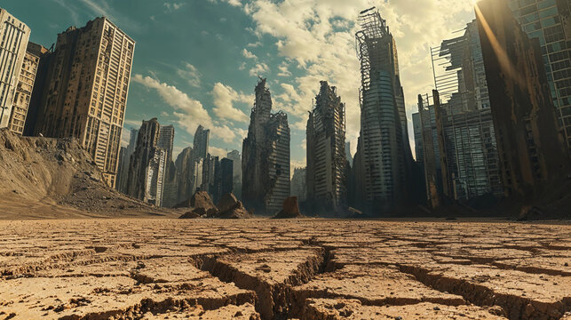 Desolate post-apocalyptic city with a mix of buildings and skyscrapers in various states of destruction surrounded by a barren and arid environment.