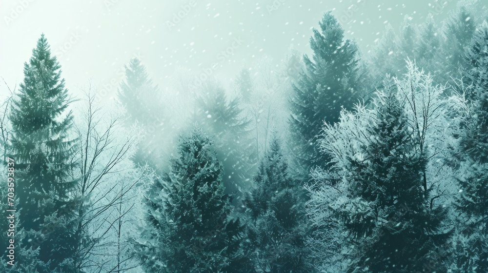 Aufkleber a snowy forest with a dense collection of trees. perfect for winter-themed projects or nature-inspir