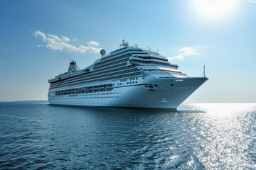 A majestic cruiseferry glides through the calm waters, its grandeur reflected in the vast ocean beneath the expansive sky