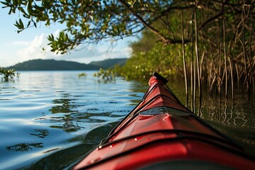 A lone red kayak glides across the calm river, surrounded by a lush landscape of trees and clear blue skies, offering a peaceful and adventurous outdoor experience on the water