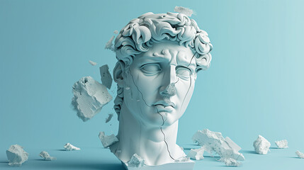 Broken ancient greek roman statue head falling in pieces. Broken marble sculpture, cracking bust, concept of depression, memory loss, mental illness. AI generated