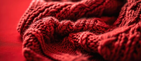 Close-up of a red knitted sweater on a red background, with copy space.