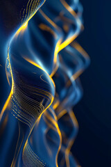 Vertical abstract luxury glowing lines curved overlapping on dark blue background.