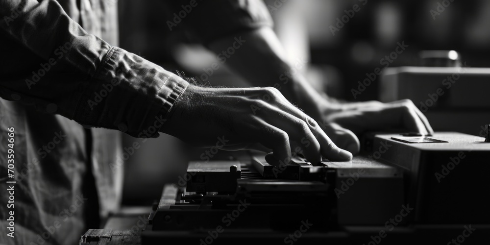 Poster A detailed close-up of a person skillfully playing a musical instrument. This image can be used to capture the passion and talent of musicians