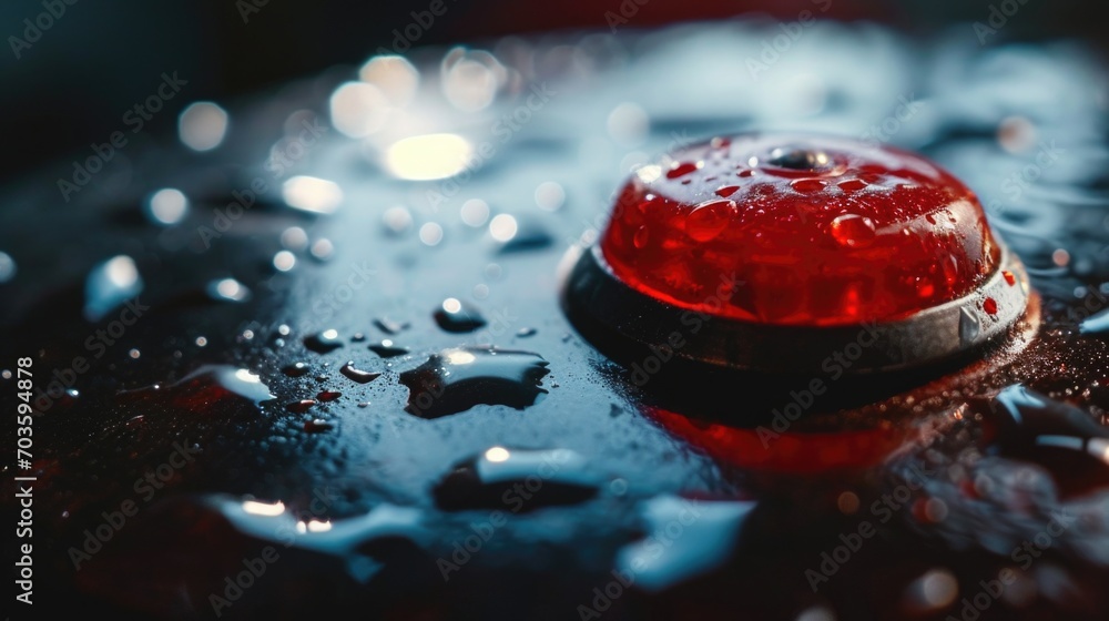 Poster a red light sitting on top of a wet surface. can be used to depict danger, caution, or a warning sig