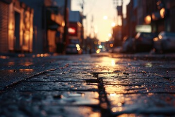 A wet street with cars and buildings in the background. Suitable for urban and transportation themes