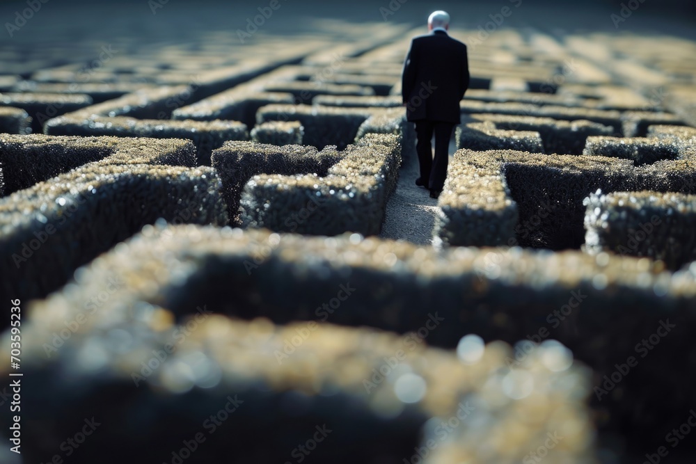 Poster A man in a suit walking through a maze. Perfect for illustrating problem-solving, decision-making, and navigating challenges