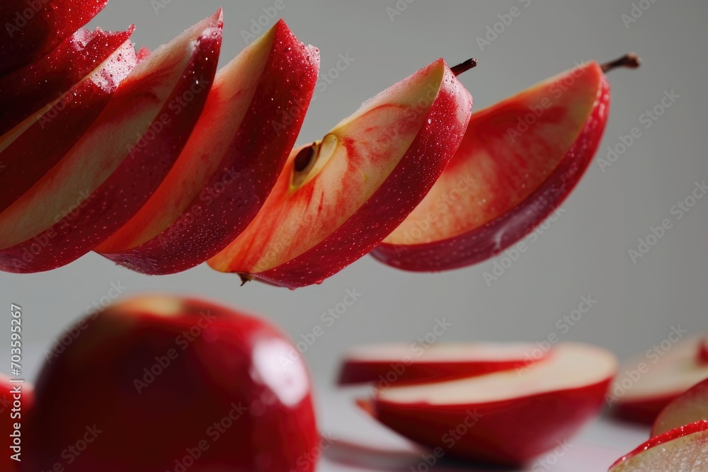 Poster Close-up view of sliced apples on a table. Perfect for food-related projects and healthy eating concepts