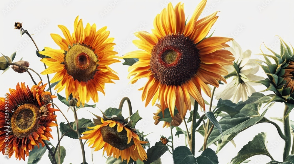 Canvas Prints A picture of a group of sunflowers against a white sky. Perfect for nature-themed designs and summer-related projects