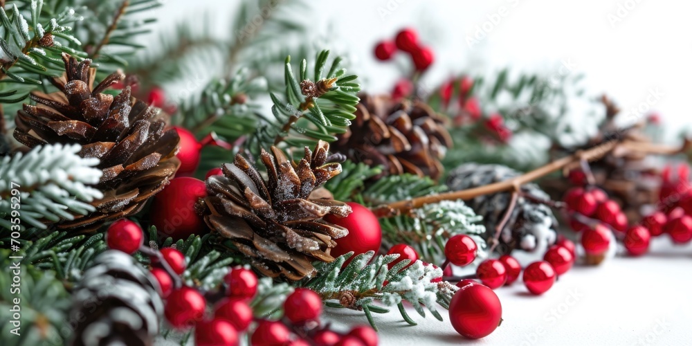 Poster close up view of a bunch of pine cones and berries. suitable for various nature-themed designs and d