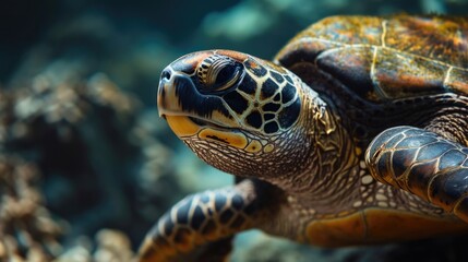 A close-up view of a turtle swimming in the water. Suitable for aquatic-themed projects or educational materials
