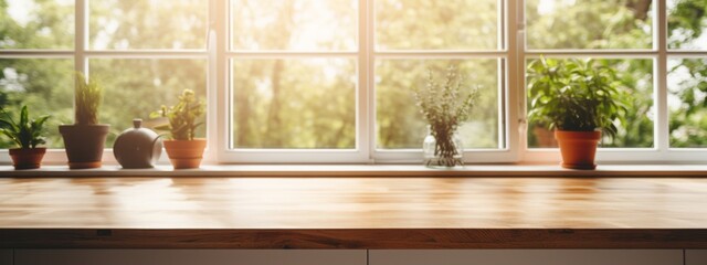 Fototapeta premium Kitchen background top counter interior wood blur home wooden empty room light white. Top kitchen product background desk modern window food display design texture tabletop restaurant board wall space