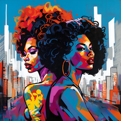 Black women with afro pop art, vivid colors