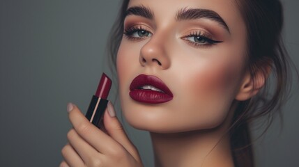 Young beautiful woman posing and showing lipstick.