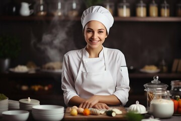 Professional Female Chef in Kitchen with Fresh Ingredients. Generative ai
