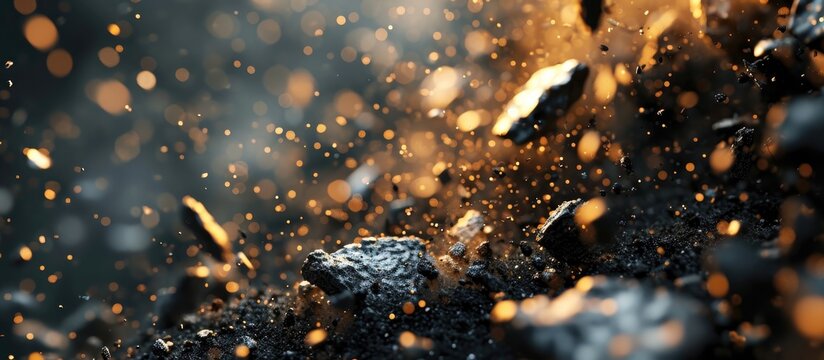 Close-up illustration of debris and dust falling on a black backdrop.