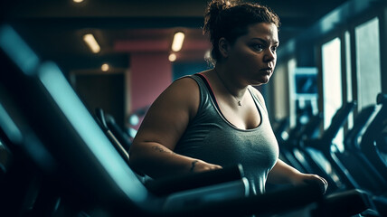 肥満の女性・スポーツジムで運動するオーバーウェイトの白人女性
 - obrazy, fototapety, plakaty