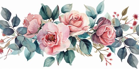 A beautiful watercolor painting of pink roses and green leaves. Perfect for adding a touch of elegance to any space