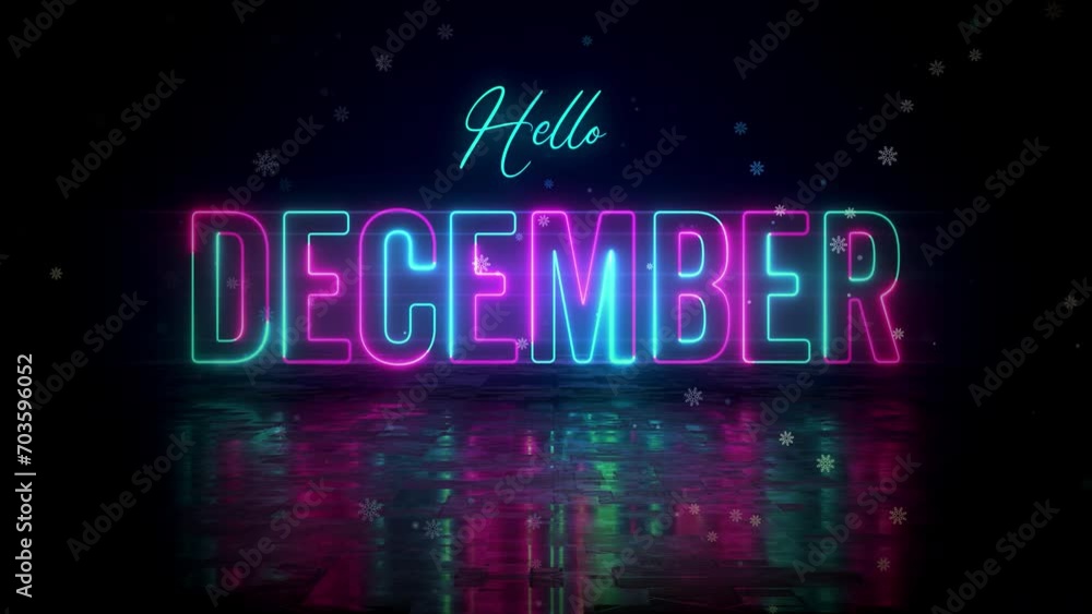 Poster festive blue red glowing neon hello december text reveal with floor reflection amid the falling snow