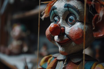 A close-up view of a clown doll displayed on a shelf. This image can be used for various purposes - Powered by Adobe