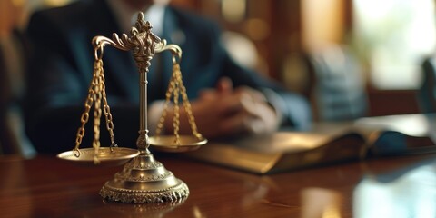 A man in a suit sits at a table with a scale of justice. This image can be used to represent legal proceedings, court cases, or the concept of justice