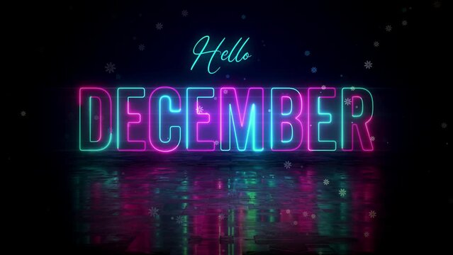 Festive Blue Red Glowing Neon Hello December Text Reveal With Floor Reflection Amid The Falling Snowflakes On Dark Background, With Isolated Text Effect Motion, 5-15 Seconds Seamless Loop