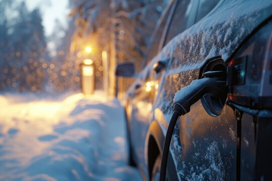 An electric car is seen plugged into a charging station in the snowy weather. This image can be used to showcase eco-friendly transportation and the use of electric vehicles in winter conditions