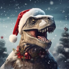 Festive Tyrannosaurus Rex in Santa Hat Celebrating Christmas. Generative ai